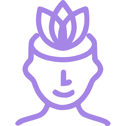 Purple outline of person with lotus head.